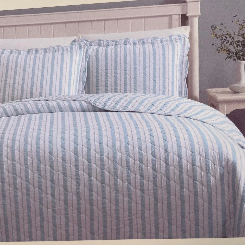 Laura Ashley Scallop Edge Quilt Set Full/Queen Blue White Striped Feminine Cozy